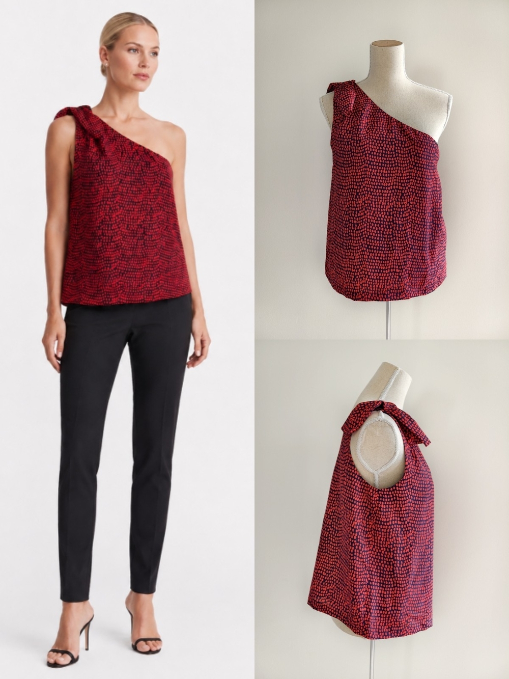 Like New Silk Club Monaco Red and Blue One-Shoulder Bow Tie-Shoulder Tank Top